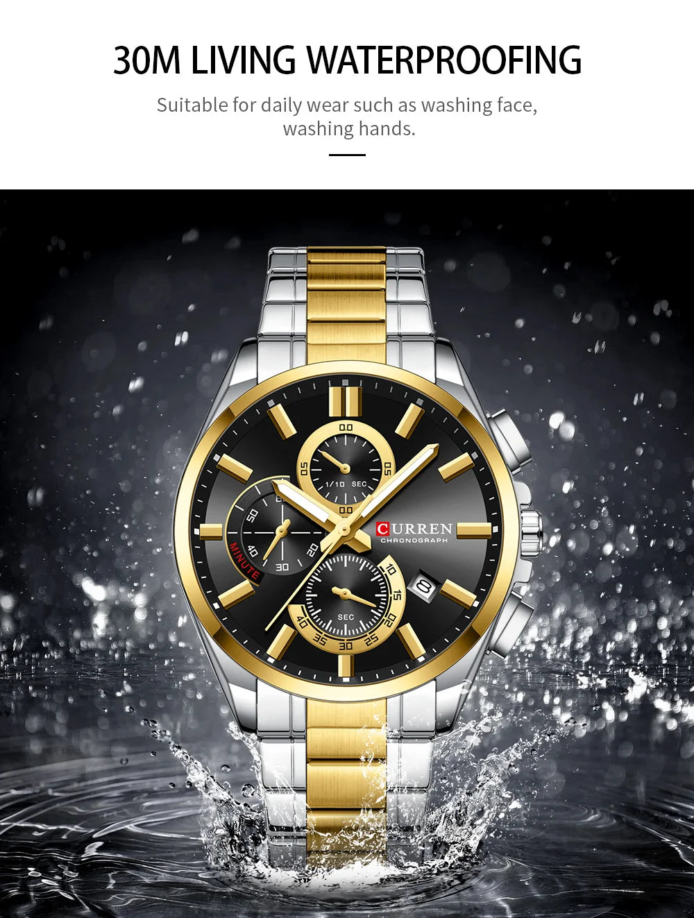 CURREN - Reloj cronógrafo de acero inoxidable para hombre con manecillas luminosas, tres subesferas, fecha automática, diseño moderno, de cuarzo