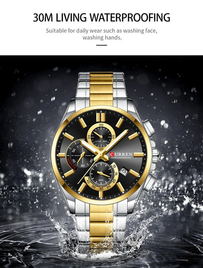 CURREN - Reloj cronógrafo de acero inoxidable para hombre con manecillas luminosas, tres subesferas, fecha automática, diseño moderno, de cuarzo