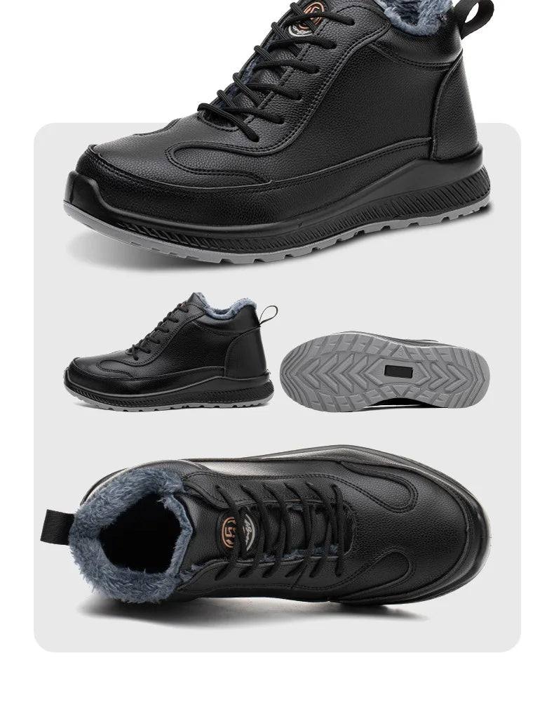 Calzado de seguridad de felpa para trabajos de invierno, resistente a impactos y perforaciones, fabricado en piel sintética de microfibra y algodón.