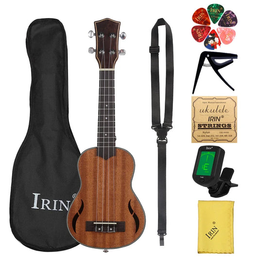 Ukelele hawaiano de 21 pulgadas y 4 cuerdas, mini guitarra de caoba con funda, cuerdas, afinador, cejilla y accesorios para guitarra.