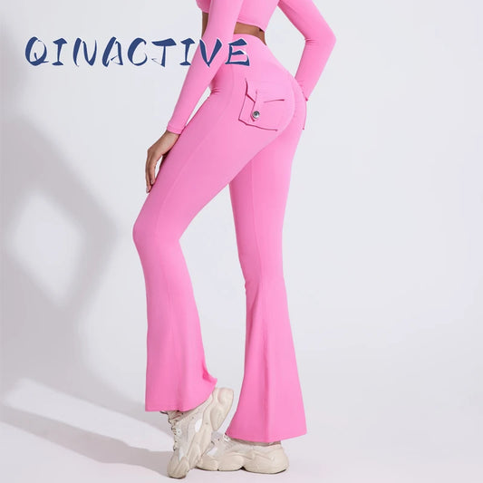 Pantalones acampanados con bolsillo trasero de moda QINACTIVE para mujer, ajustados, sexys, de cintura alta, realzadores, deportivos, para fitness y con pierna acampanada.