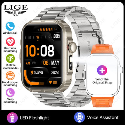 Reloj inteligente de 2,01 pulgadas para hombre y mujer, con linterna LED, control del ritmo cardíaco, para deportes al aire libre y fitness, resistente al agua