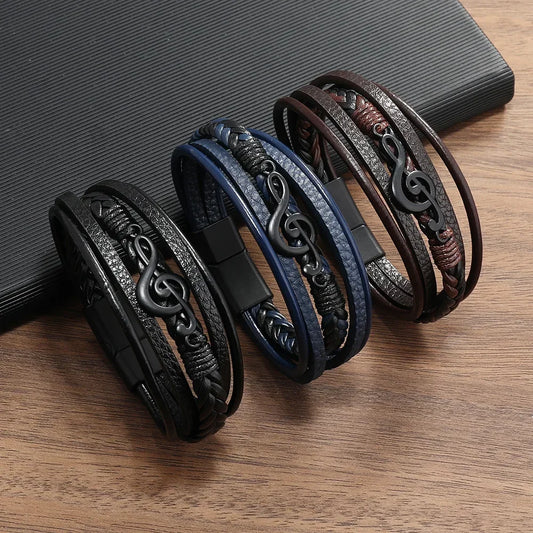 Pulseras para hombre, nuevas pulseras retro creativas con símbolo musical, pulseras sencillas de cuero multicapa con hebilla magnética, joyería