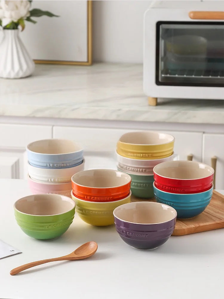 Cuenco de porcelana esmaltada de colores fríos Le Creuset, cuenco de arroz, cuenco para sopa con cara de arcoíris, cuenco francés con diseño de mono redondo para uso doméstico