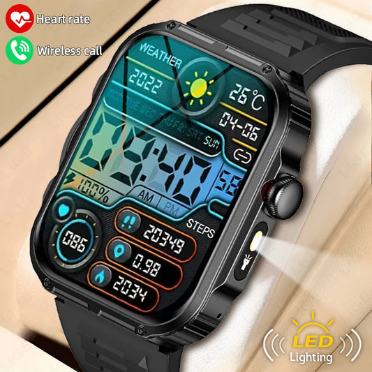 Reloj inteligente de 2,01 pulgadas para hombre y mujer, con linterna LED, control del ritmo cardíaco, para deportes al aire libre y fitness, resistente al agua