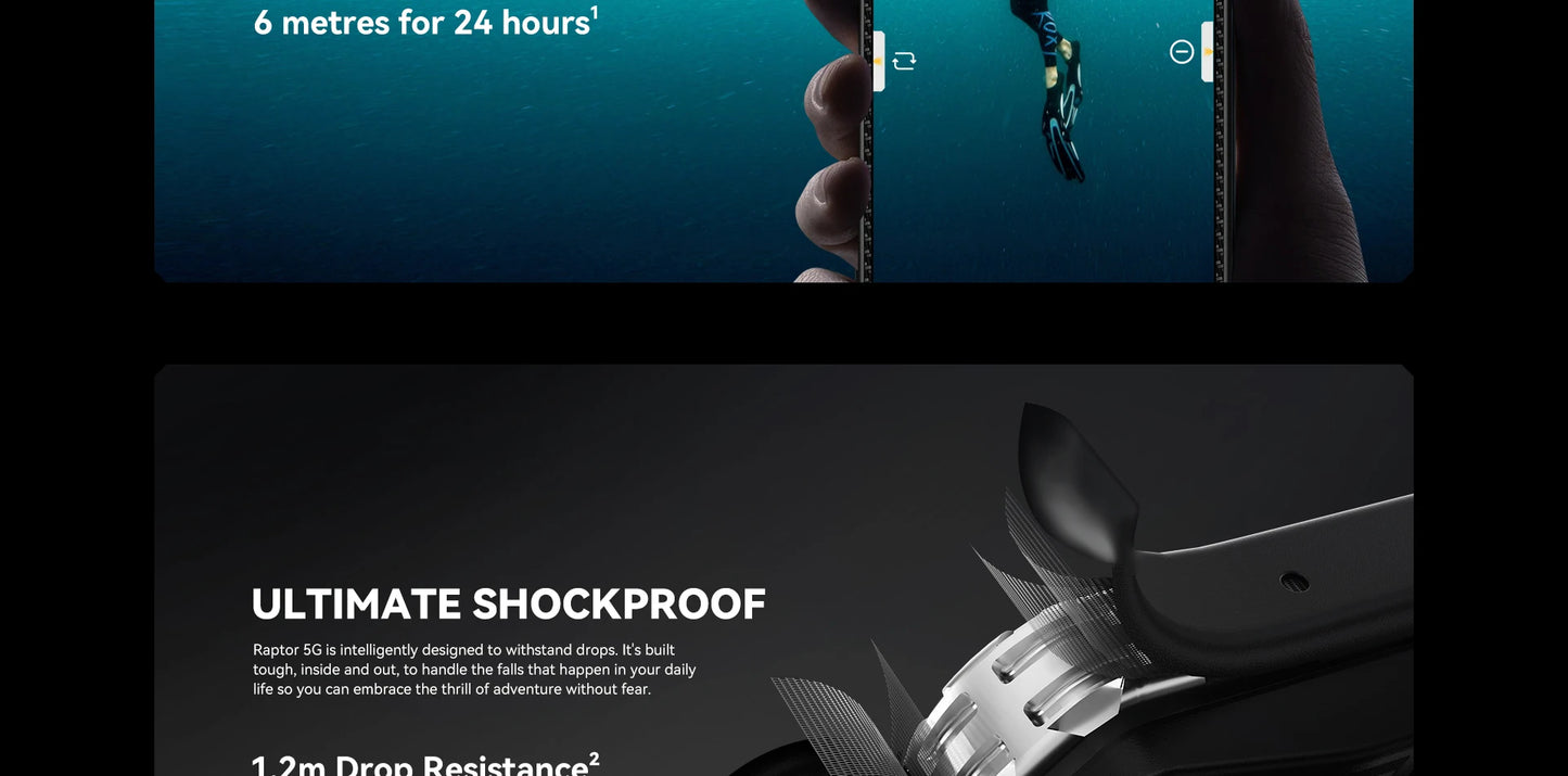 Smartphone resistente IIIF150 Raptor 5G con Android 14, pantalla AMOLED de 6,78" y 120 Hz, 16 GB de RAM + 512 GB de almacenamiento, cámara de 50 MP, batería de 10000 mAh y 65 W.