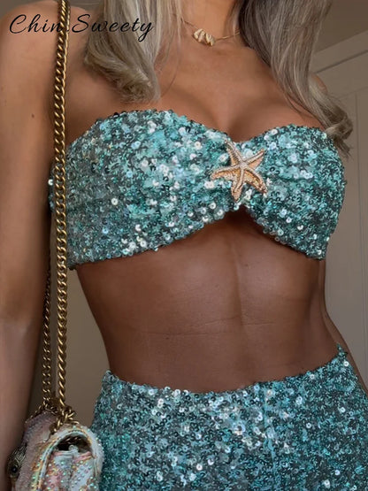 Conjunto de bikini sexy con lentejuelas de 2 piezas para mujer, top corto liso sin tirantes y sin mangas, minifaldas ajustadas de corte A, atuendo de verano 2025 para mujer.