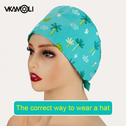 Gorro quirúrgico de algodón con estampado de dibujos animados multicolor para peluquería de mascotas, ajustable, para salón de belleza, enfermería, médico y enfermera.