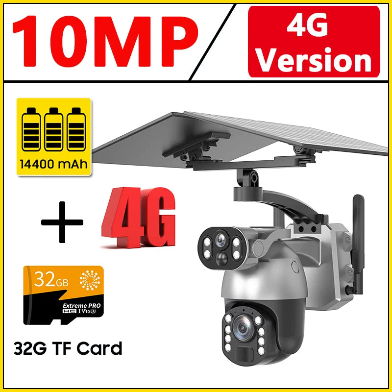 Cámara de seguridad exterior con zoom óptico de 10 MP y 50x, doble lente, SIM 4G, energía solar, Wi-Fi, PTZ, detección humana, grabación y visión nocturna. 10 MP, zoom óptico de 50x, doble lente, 4G, SIM, solar.