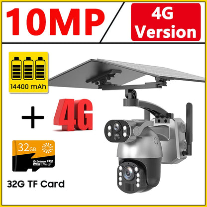 Cámara de seguridad exterior con zoom óptico de 10 MP y 50x, doble lente, SIM 4G, energía solar, Wi-Fi, PTZ, detección humana, grabación y visión nocturna. 10 MP, zoom óptico de 50x, doble lente, 4G, SIM, solar.