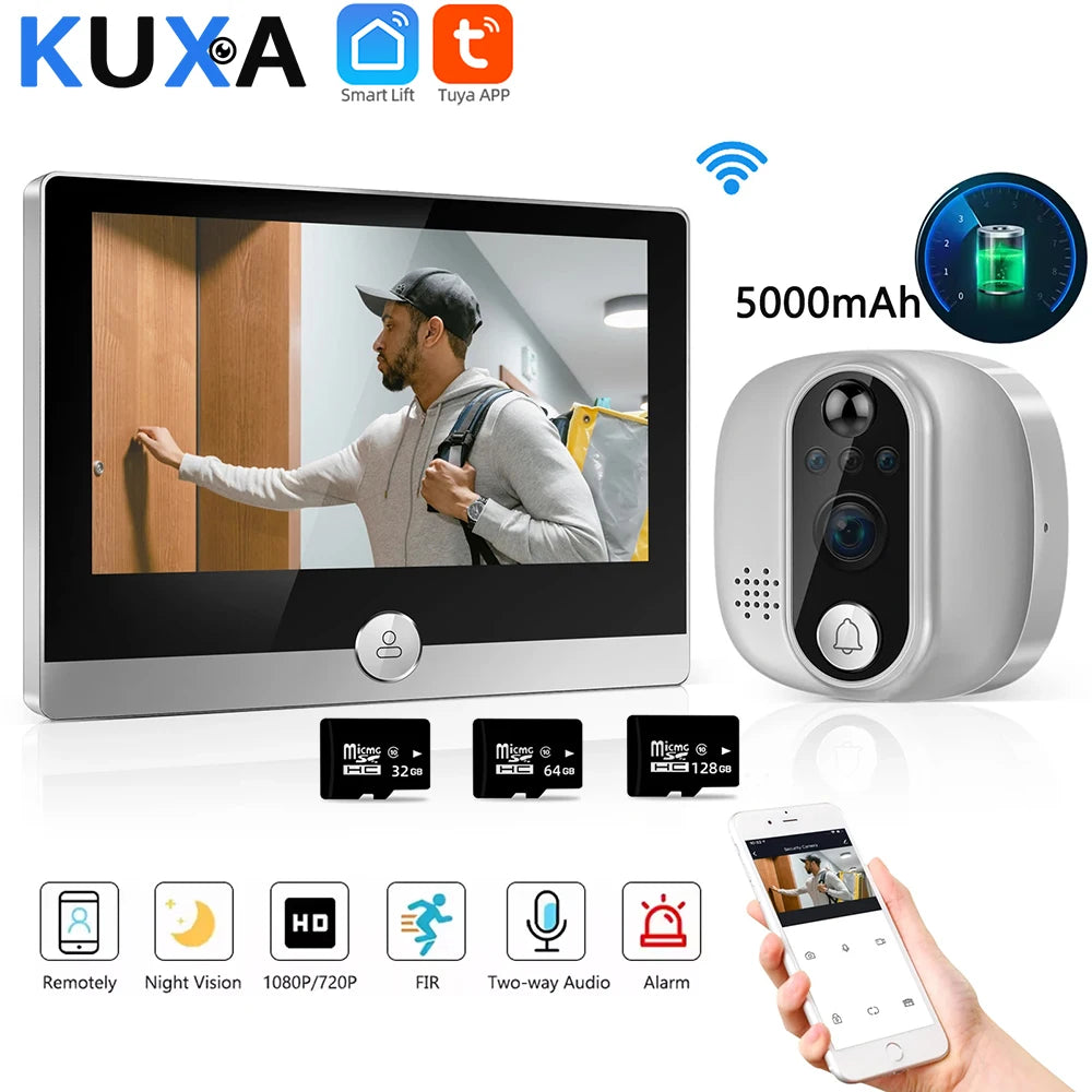 KUXA 4.3 Inch 1080P/158° Wifi Smart Door Bell Camera Tuya Video Door Peepholes PIR Movement Detection Eye Wireless Doorbell