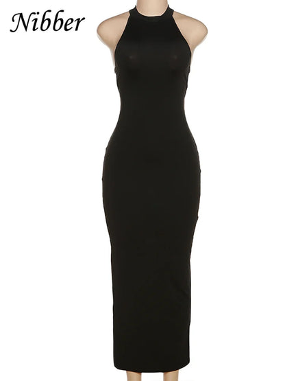 Vestido Nibber de moda para mujer, color liso, halter, sexy, espalda descubierta, abertura, bolso, corte ajustado, estilo cadera, colección verano 2025, rebajas, sencillo, vestidos