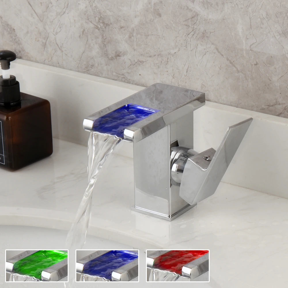 Grifo de baño YANKSMART con luz LED, para lavabo, montaje sobre encimera, monomando, con grifo mezclador tipo cascada.