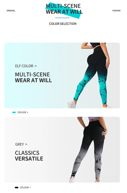 Pantalones de yoga con efecto tie-dye degradado, sin costuras, para mujer, para correr y hacer deporte, cintura alta y levantamiento de cadera, ropa de fitness elástica ajustada.