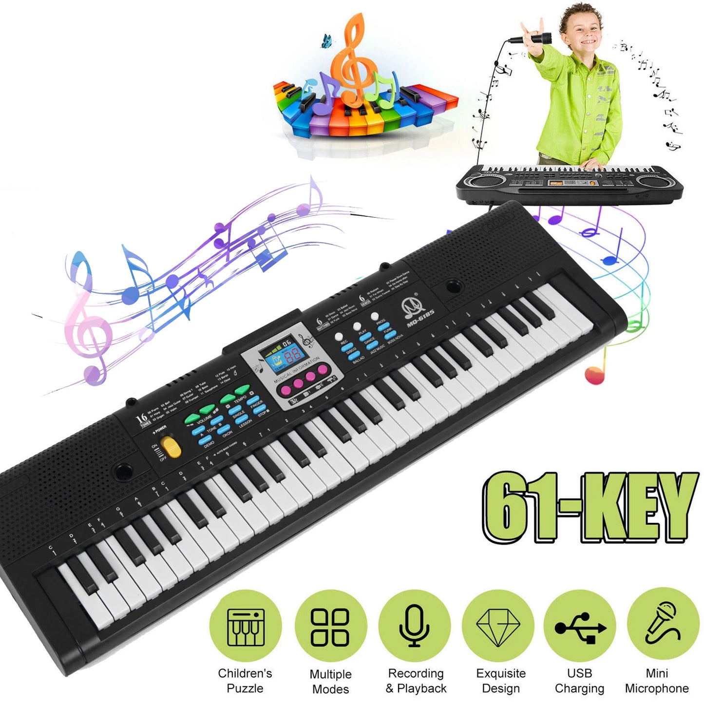 Teclado electrónico multifuncional de 61 teclas para niños, piano eléctrico digital con micrófono, instrumento de teclado electrónico para principiantes.