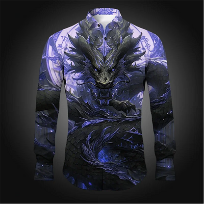 Camisa de hombre con estampado abstracto de dragón, estilo casual, manga larga, diseño elegante y cómodo. Ideal para uso diario.