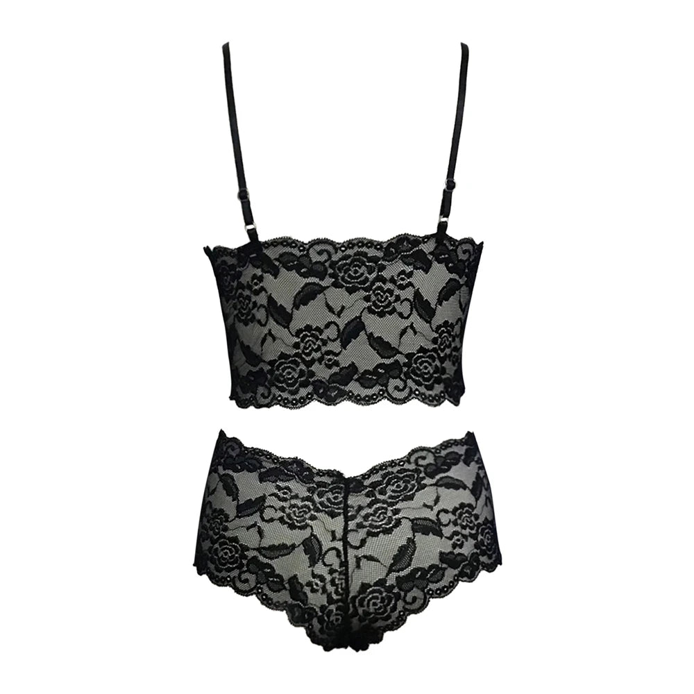 Conjunto de lencería sexy para mujer 2022, pantalones cortos de encaje negro, camiseta sin mangas de color liso, camisola, top de tubo, bragas, conjunto de lencería con estampado floral.