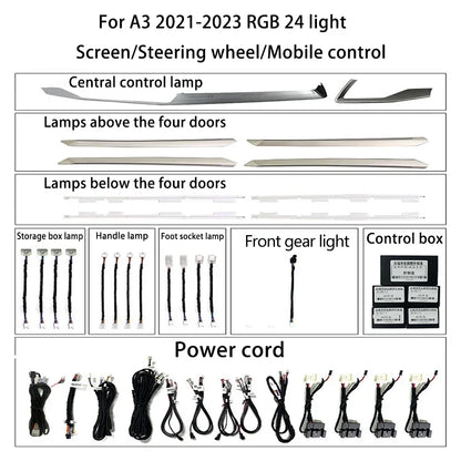 Luz ambiental LED Ouchuangbo para A3 8Y RS3 A3L 2021-2024, iluminación interior, 256 colores, lámpara de ambiente, kit de retroiluminación, moldura dinámica