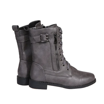 Botines de tacón cuadrado para mujer, botas de trabajo cortas de piel sintética para otoño e invierno, botas elásticas con cordones de talla grande para mujer 2024