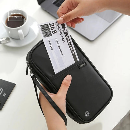 Cartera organizadora para pasaporte de viaje con tarjetero, estuche para documentos, bandolera familiar, bolsa para guardar billetes y efectivo para viajes al extranjero.