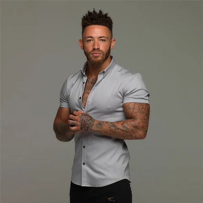 Camisas de vestir ajustadas para hombre, estilo casual de verano, con cuello vuelto, manga corta y botones LXDZ-110