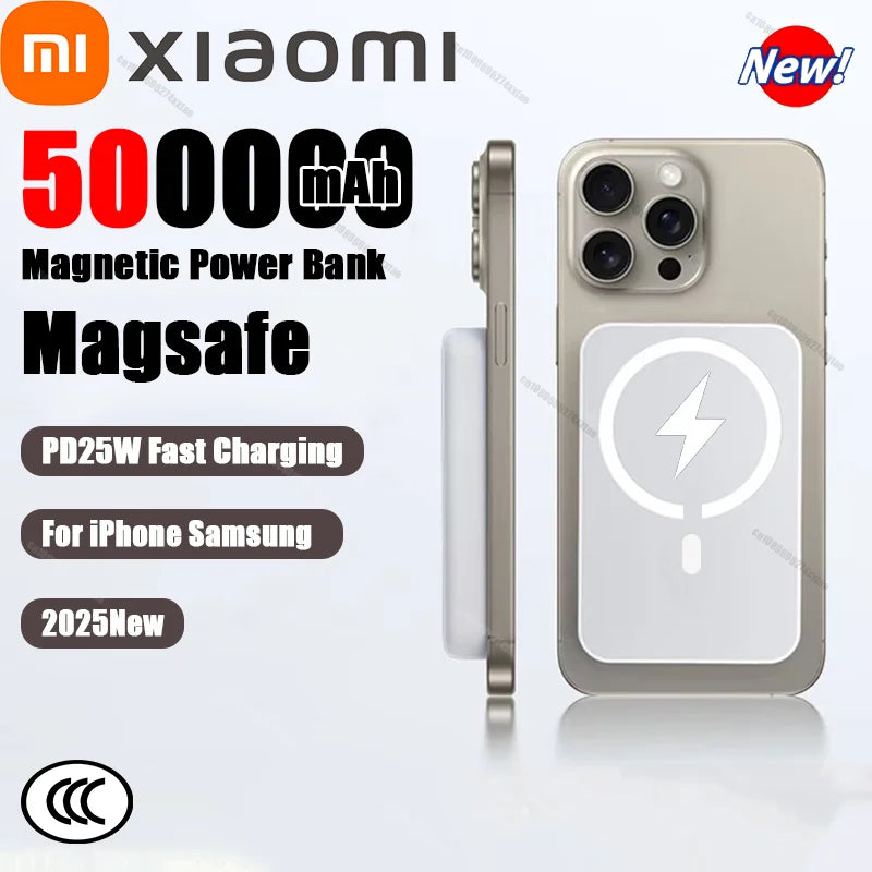 Banco de energía magnético portátil Xiaomi de 500000 mAh con cargador rápido inalámbrico de 25 W, gran capacidad, compatible con Magsafe para iPhone y Huawei.
