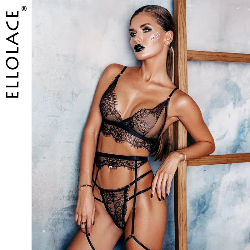 Ellolace Lencería sexy de encaje para mujer, conjunto de 3 piezas, sujetador transparente, conjunto de fiesta, lencería negra, body, conjuntos sexys