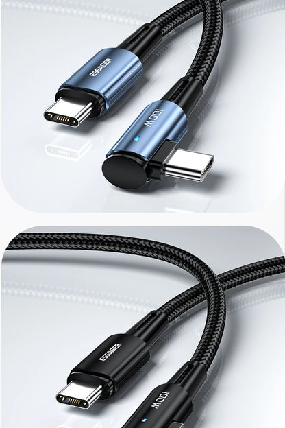Cable USB tipo C a USB tipo C Essager de 100 W con ángulo de 90 grados para iPad, MacBook Pro, Xiaomi, Samsung y Huawei, carga rápida tipo C.