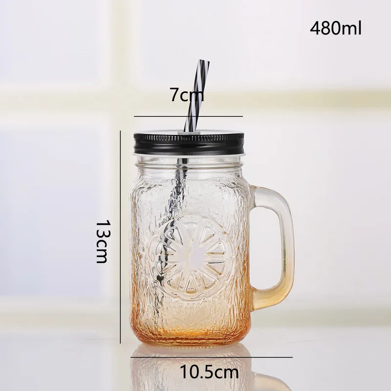 Jarra de vidrio de 480 ml, 500 ml y 16 oz con tapa de hierro y pajita de plástico, cuadrada, con degradado de color.