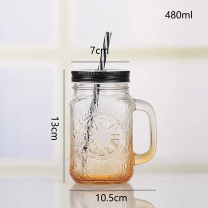 Jarra de vidrio de 480 ml, 500 ml y 16 oz con tapa de hierro y pajita de plástico, cuadrada, con degradado de color.