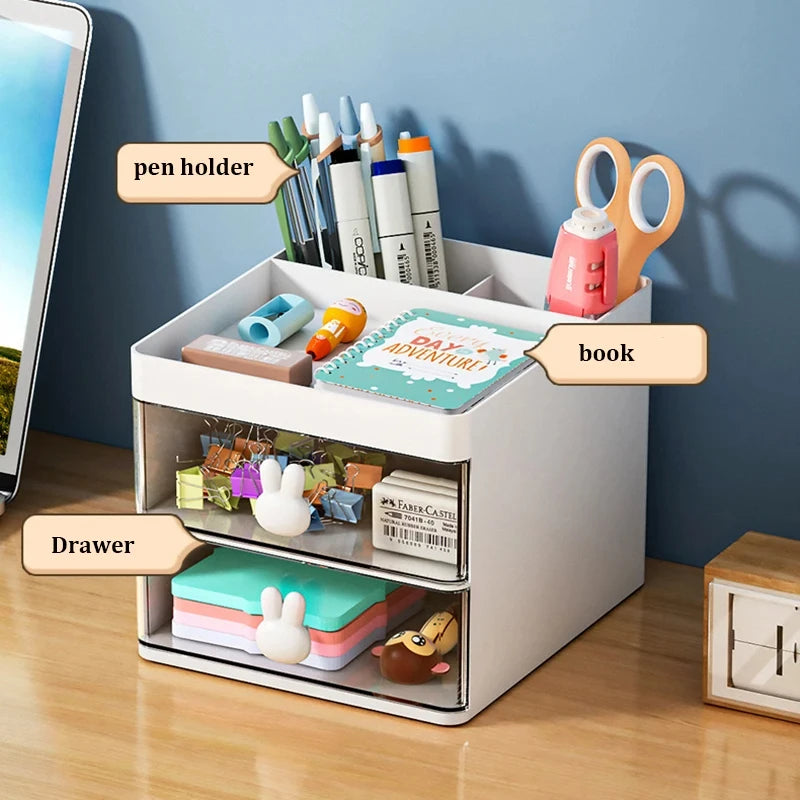 Organizador de escritorio pequeño con cajón, organizador de maquillaje, para tarjetas de presentación, bolígrafos, lápices, teléfono móvil y papelería.