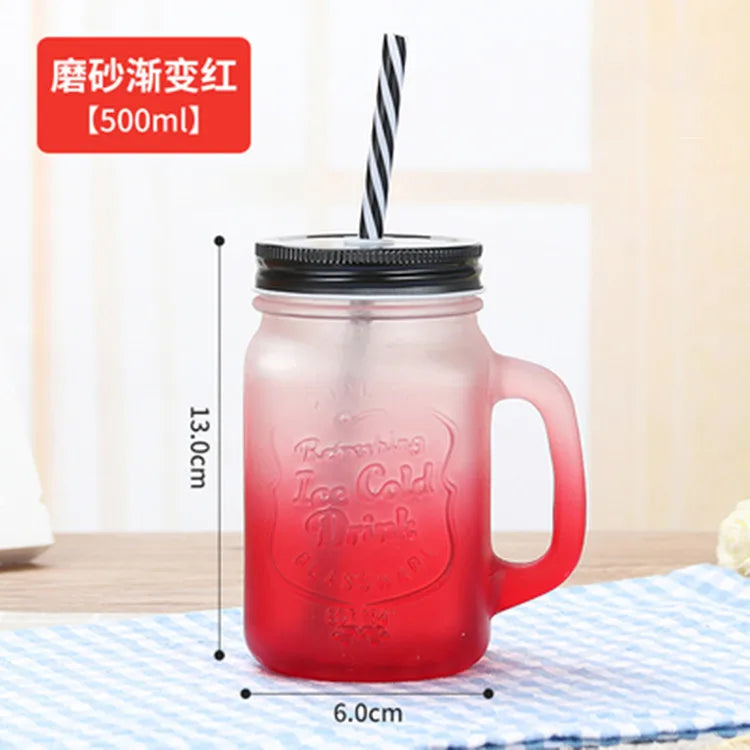 Jarra de vidrio de 480 ml, 500 ml y 16 oz con tapa de hierro y pajita de plástico, cuadrada, con degradado de color.