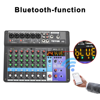 Mesa de mezclas de sonido para DJ TEYUN de 8, 6 y 4 canales, mezclador de audio con 24 efectos DSP, Bluetooth, PC, reproducción USB, grabación, controlador de 48 V, consola de mezclas