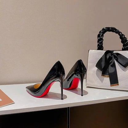 Zapatos de tacón alto negros para mujer, de primavera, finos, con suela roja, sexys, con personalidad, de piel lacada, profesionales.