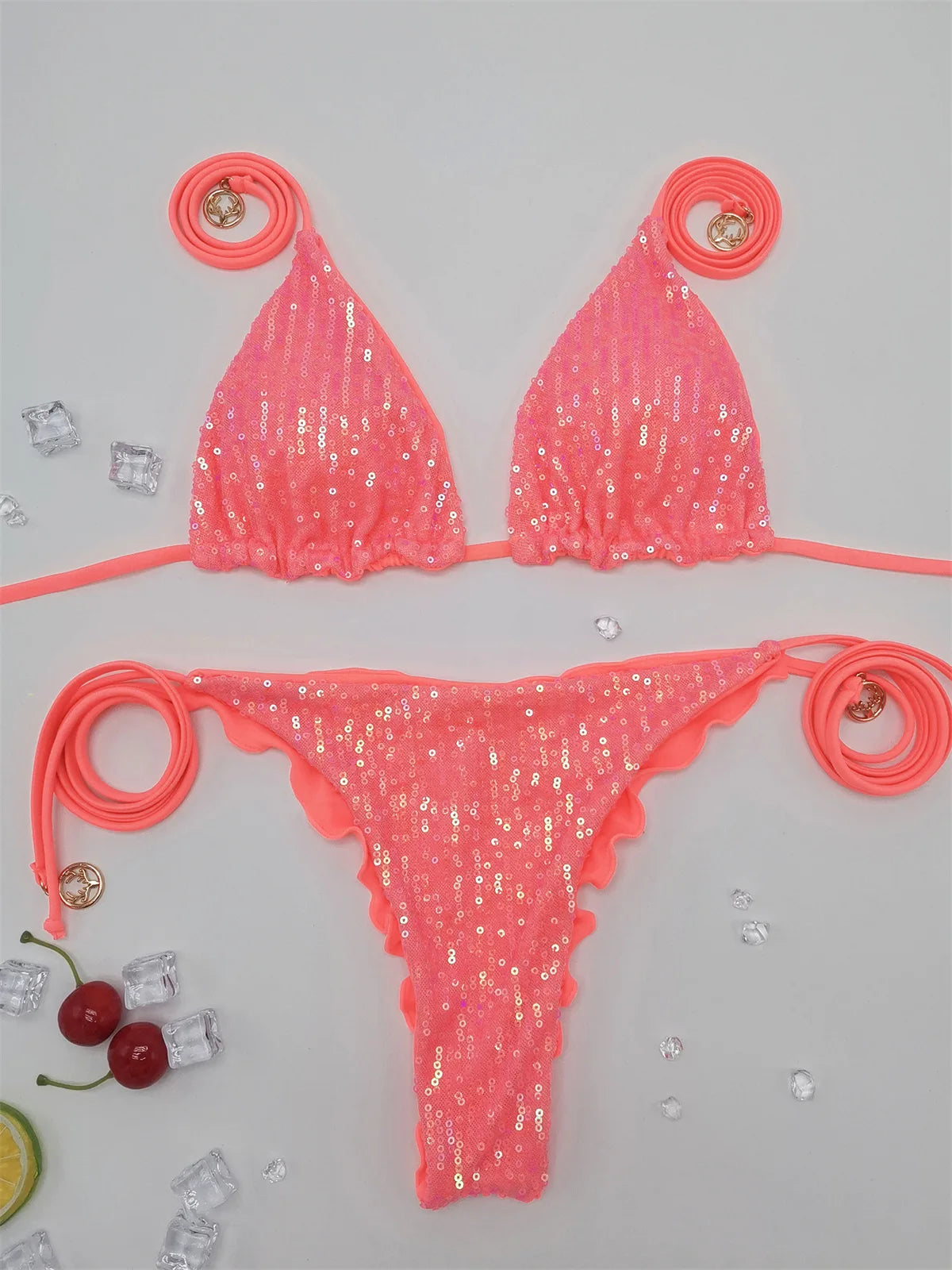 Bikini unicolor con purpurina, bañador sexy con cuello halter, traje de baño para mujer, conjunto de bikini con lentejuelas brillantes, ropa de playa, bikini brasileño
