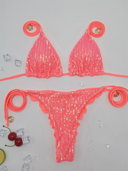 Bikini unicolor con purpurina, bañador sexy con cuello halter, traje de baño para mujer, conjunto de bikini con lentejuelas brillantes, ropa de playa, bikini brasileño