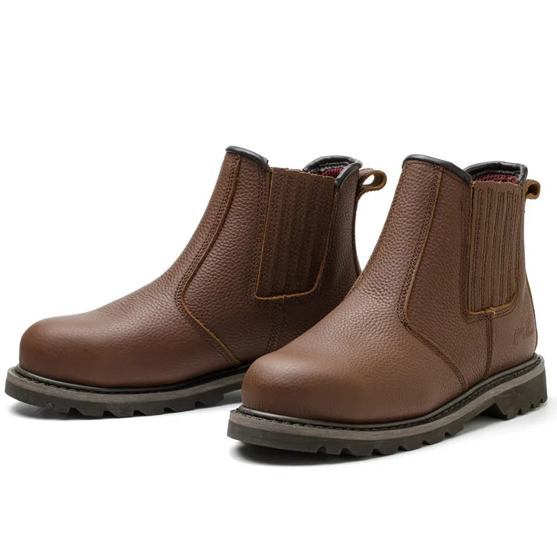 Botas de seguridad de cuero genuino para hombre. Botas protectoras indestructibles Goodyear para soldador con puntera de acero.