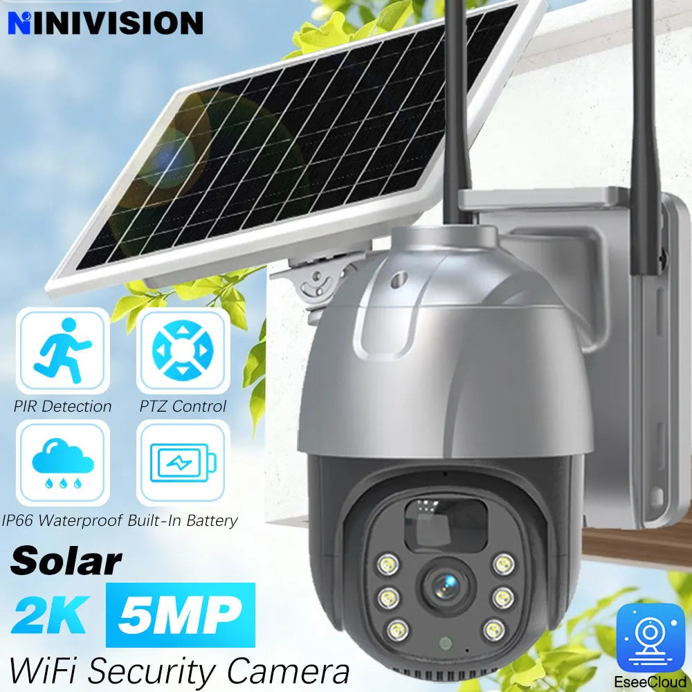 Cámara IP PTZ solar EseeCloud de 5 MP con WiFi, batería integrada, detección PIR, videovigilancia y audio bidireccional para seguridad exterior.