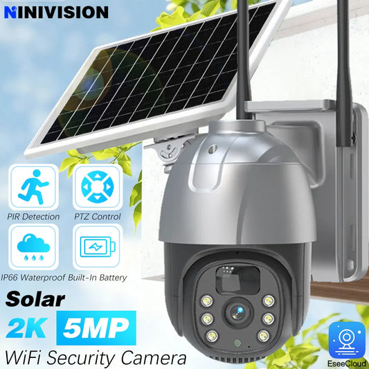 Cámara IP PTZ solar EseeCloud de 5 MP con WiFi, batería integrada, detección PIR, videovigilancia y audio bidireccional para seguridad exterior.