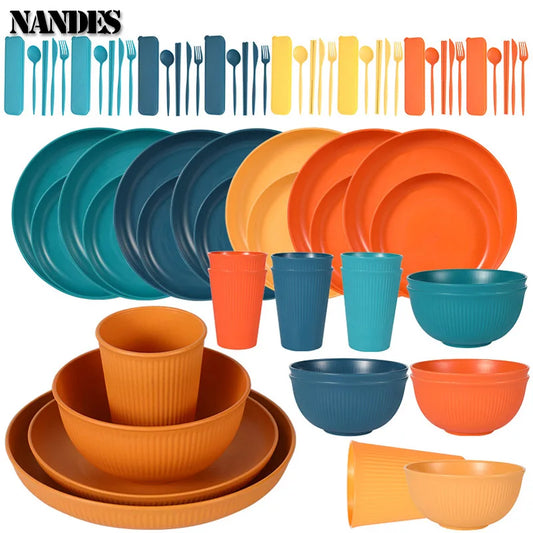 Juego de 36 platos de paja de trigo ecológicos para ramen, vajilla para cena, juego de vajilla para acampar con cuchillo, tenedor y cuchara.