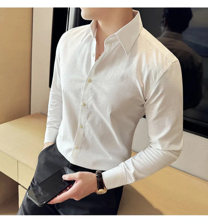 Camisa de hombre de color liso de alta calidad, 55 % algodón y 45 % lino, transpirable y con absorción de sudor, de manga larga. Tallas M-4XL.