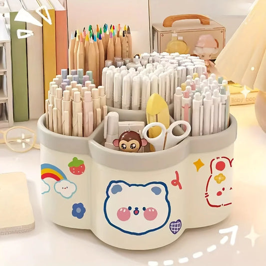 Organizador de escritorio giratorio con múltiples compartimentos, material PP duradero, ideal para organizar escritorios en dormitorios y oficinas.