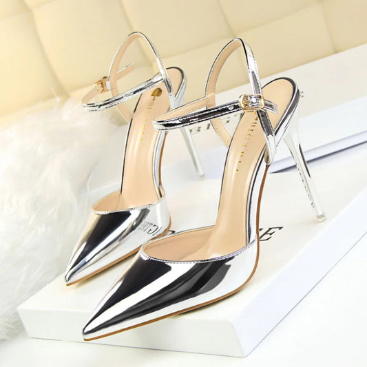 Zapatos de tacón ultraalto, sencillos, delgados, de piel pintada, sexis, para discoteca, con tiras de una palabra, para mujer, 86-1