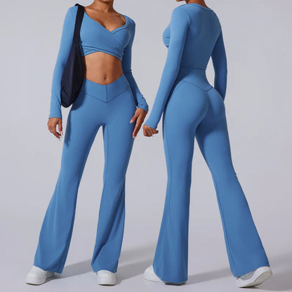 Conjunto de yoga para mujer: pantalones acampanados, ropa deportiva para gimnasio, top push-up de manga larga, estilo deportivo y sexy.