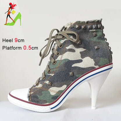 Botas cortas de mezclilla para mujer, botines con tachuelas y tacones altos, botas de mujer con remaches, tacones altos finos con cordones, zapatos de mezclilla