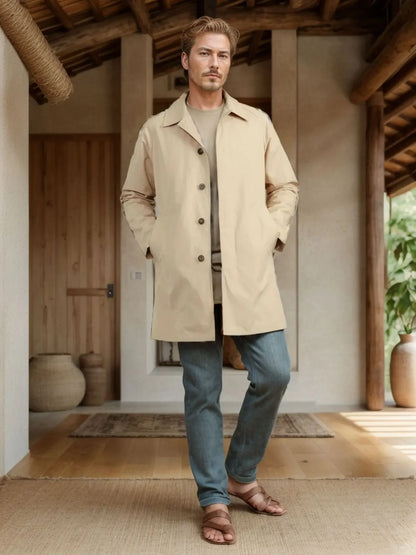 Chaqueta informal para hombre, otoño 2024, gabardina larga, color liso, solapa, corte ajustado, cárdigan de un solo botón, estilo casual y elegante.
