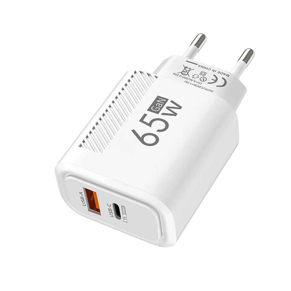 Cargador GaN USB-C de carga rápida de 65 W para teléfonos móviles, adaptador de enchufe UE/EE. UU. para iPhone, Samsung y Xiaomi, cargador de pared tipo C de carga rápida.