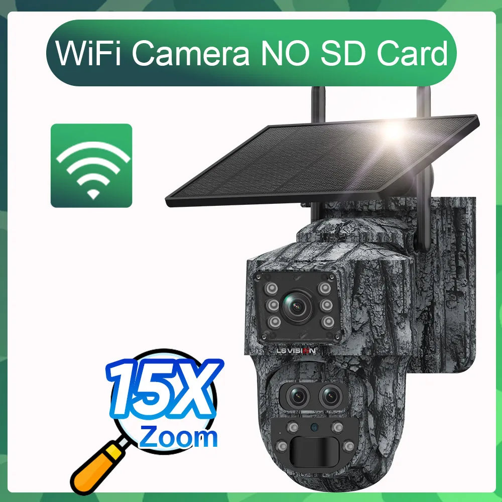 Cámara de seguridad solar inalámbrica LS VISION de 12 MP, 4G, zoom 15x, para exteriores, con doble pantalla, WiFi, detección humana PIR y sistema CCTV UBox.