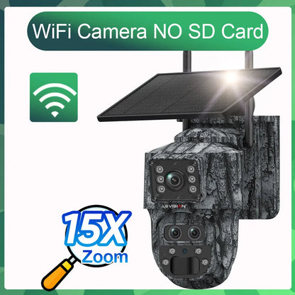 Cámara de seguridad solar inalámbrica LS VISION de 12 MP, 4G, zoom 15x, para exteriores, con doble pantalla, WiFi, detección humana PIR y sistema CCTV UBox.