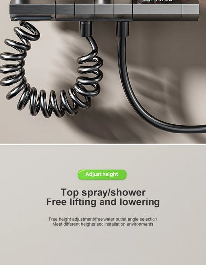 Sistema de ducha con luz ambiental y botones de piano grises, pantalla digital, grifos tipo lluvia y cabezal de ducha.